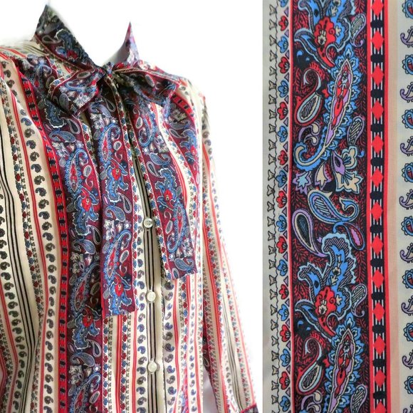 Vintage Secretary Blouse Striped Paisley Tie Neck